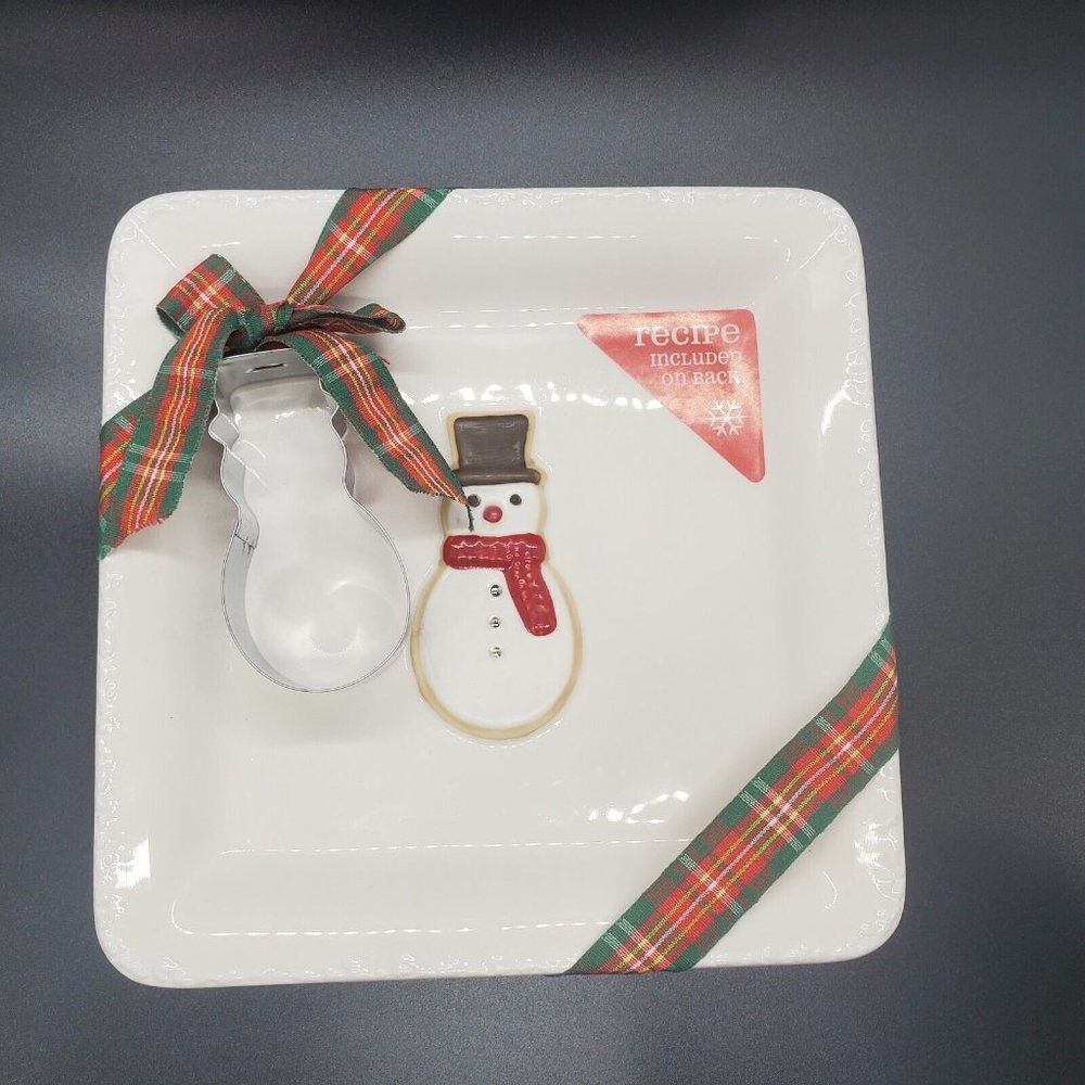Hallmark Christmas Cookie Plate Snowman with Cookie Cutter & Recipe On Back NWTS